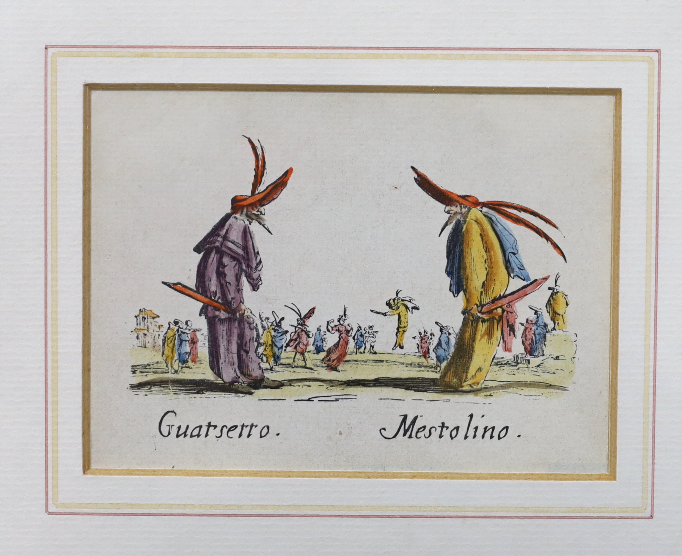 After Jaques Callot (French, 1592-1635), set of six colour prints from the series ‘Balli Di Sfessania’, 8 x 10cm